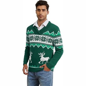 Clearlove Mens Ugly Christmas Sweaters Snowflakes Holiday Reindeer Printed Shawl Collar Knitted Long Sleeve Pullover Jumpers - 1 of 4