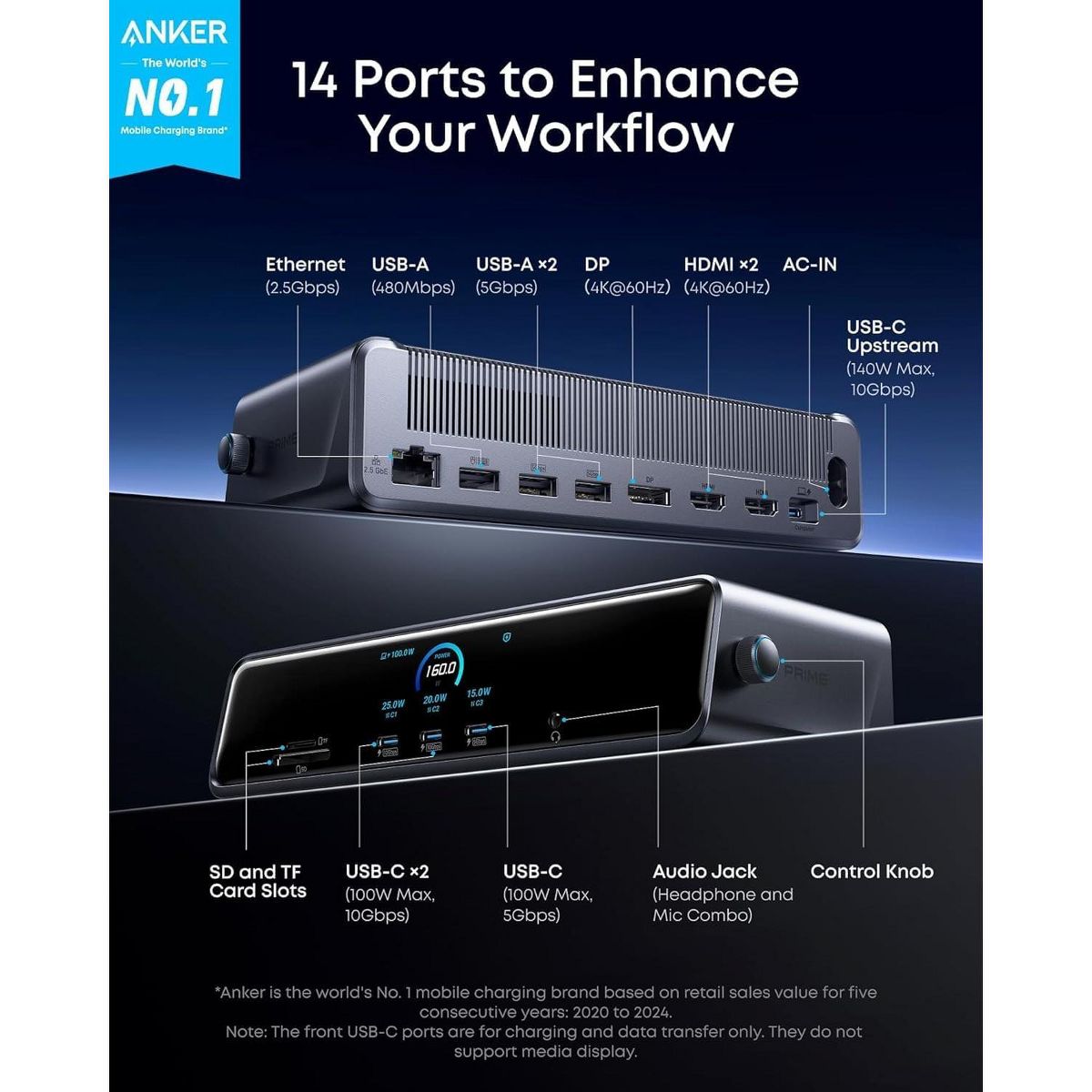 Refurbished Anker Prime Docking Station (DL7400), 14-in-1, DisplayLink, 140W Max, Smart Display, Triple 4K@60Hz (2 HDMI+1 DP), for Windows Laptops - thumbnail 2