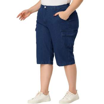 Agnes Orinda Women's Plus Size Jeans Zipper Slash Pocket Button Denim Cargo Shorts