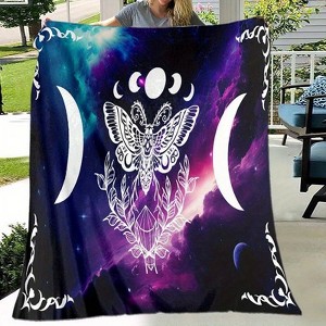 Lomsoe Purple Moon Phase & Moth Print Flannel Blanket - All Seasons Soft and Warm Throw Blanket for Bed, Napping, Camping, Travel, Office - 1 of 4