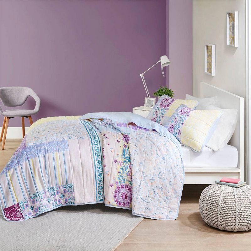 Helena Printed Cotton Coverlet Set Blue/Purple/Yellow, 4 of 10