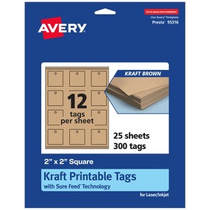 Avery Printable Square Tags with Sure Feed Technology, 2" x 2", Kraft Brown Cardstock, Print-to-the-Edge, Laser/Inkjet, 300 Total - 1 of 4