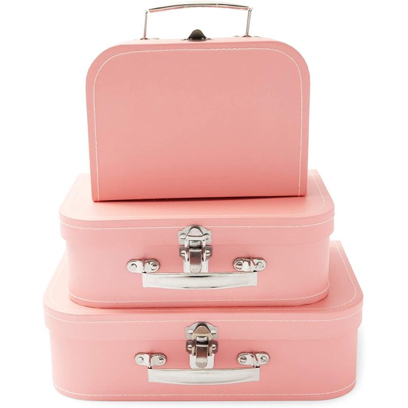 Okuna Outpost Set of 3 Different Sizes of Paperboard Suitcases with Metal Handles, Decorative Cardboard Storage Boxes, Pink, 5 of 7