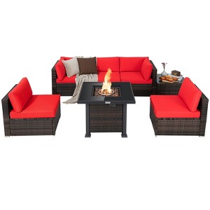 Tangkula Patio Rattan 7PCS Cushioned Chair Set Furniture Set Thick Cushion w/ 50,000 BTU Propane Fire Pit Table for Garden Red - 1 of 4