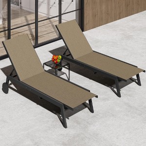 3-Piece Outdoor Lounge Chairs Set of 2 with Glass Table, Patio Lounge Chairs with Adjustable Backrest and Wheels, Waterproof Outdoor Furniture Set - 1 of 4