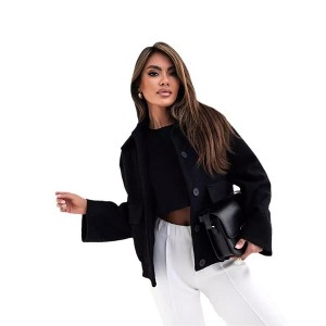 Coolmee Womens Cropped Pea Coat Casual Button Down Short Jackets Fall Winter Outerwear with Pockets - 1 of 4