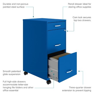 Compact Blue Steel 3-Drawer Mobile File Cabinet with Lock