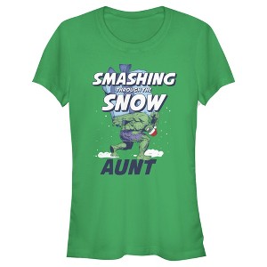 Juniors Womens Marvel Christmas Hulk Aunt Snow T-Shirt - 1 of 3