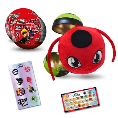 Miraculous Ladybug, 4-1 Surprise Miraball, Toys for Kids with Collectible Character Metal Ball, Kwami Plush, Glittery Stickers and White Ribbon
