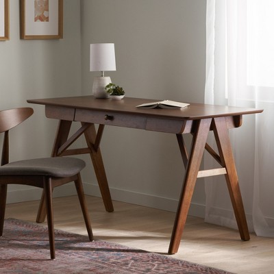JUJABU Walnut 57'' Wood Desk with Drawers, Small Computer/Gaming/Study Desk for Small Spaces