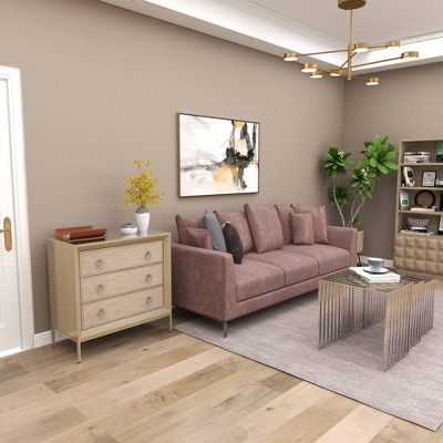 Beige Upholstered 3 Drawer Chest with Mirrored Top and Ring Handles