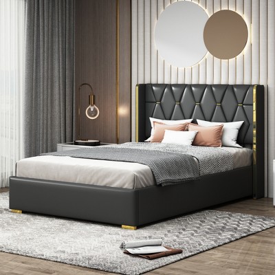 Queen/Full Size Upholstered Platform Bed Frame with Metal Strips Decor 4Q -ModernLuxe