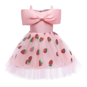 MyKids-USA Baby Girl Strawberry Sequins Pattern Bow Tie Design Sling Tutu Formal Dress - 1 of 4