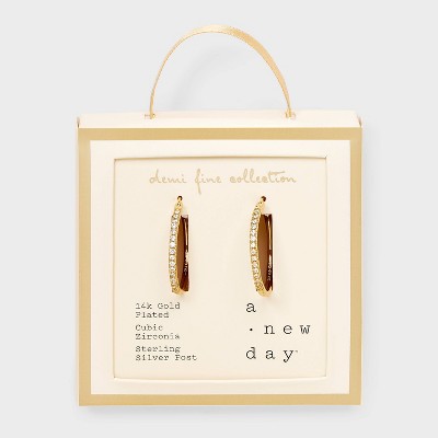 14k Gold Plated Brass Cubic Zirconia Click Top Hoop Earrings - A New Day™ Gold: Clip-In Clasp, Simulated Stones