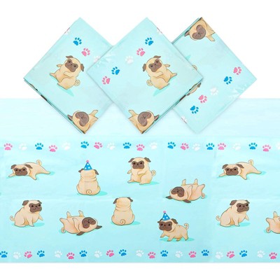 Sparkle and Bash 3 Pack Pug Tablecloth for Dog Birthday Party (Blue, 54 x 108 In)