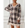 Womens Loose Fit Plaid Sweater Dress V Neck Frayed Cuff Sweater Dress One Size Fits Most Trendy Oversized Pullovers Plaid Jumpers Mini Dress - 3 of 4
