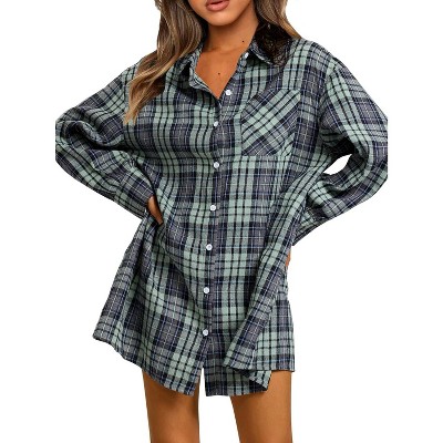 EXLURA Womens Plaid Flannel Shacket Long Sleeve Button Down Shirts Long Jackets Oversized Fall Fashion Outfits