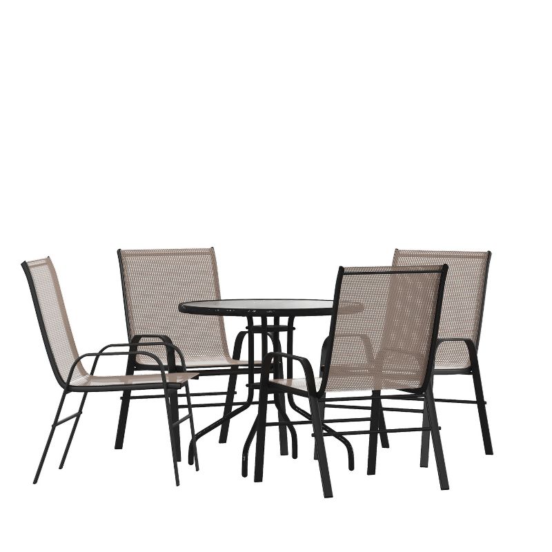 Emma and Oliver Five Piece Patio Table Set with Round Metal Table with Tempered Glass Top and 4 Flex Comfort Stacking Chairs, 1 of 11