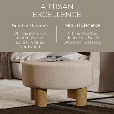 Celia Round Beige Upholstered Ottoman with Natural Wood Legs