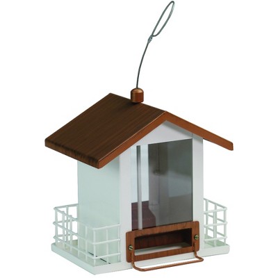 White and Brown Hanging Metal and Plastic Hopper Bird Feeder