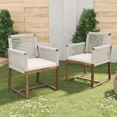 Set of 2 Acacia Wood Outdoor Patio Chairs with Handwoven Rope Back and Arms, Outdoor Dining Chairs with Water-Resistant Cushions, White - Merax