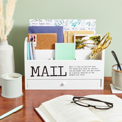 White Wooden 3-Tier Mail Organizer with Drawer