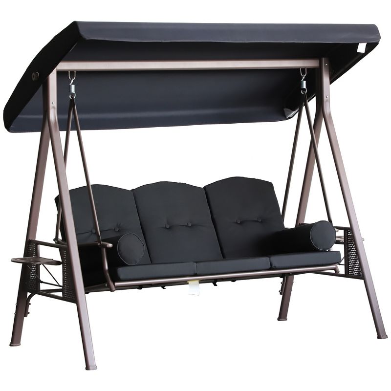 Outsunny Outdoor Patio 3-Person Steel Canopy Cushioned Seat Bench Swing with Included Side Trays & Padded Comfort, 1 of 7