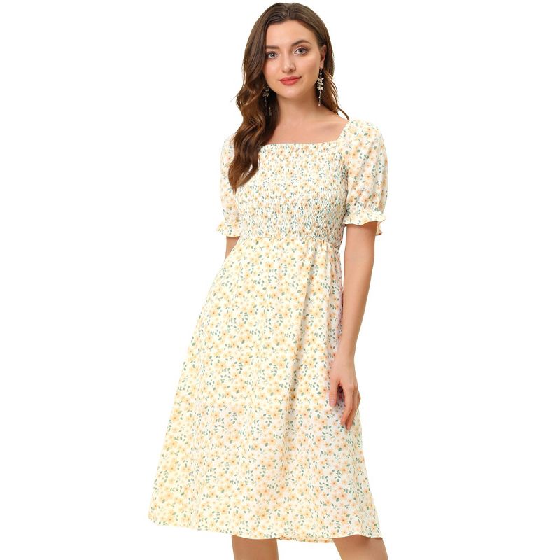 Allegra K Women's Square Neck Puff Sleeves Casual Midi Smocked Floral Dress, 1 of 6