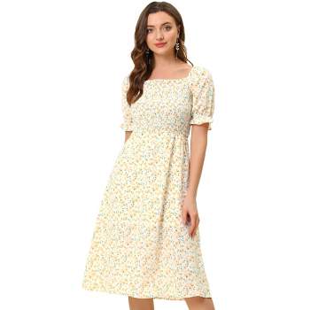 Allegra K Women's Square Neck Puff Sleeves Casual Midi Smocked Floral Dress