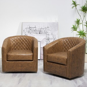 KINWELL 29" Wide Tufted PU Leather Swivel Barrel Chair (Set of 2) - 1 of 4
