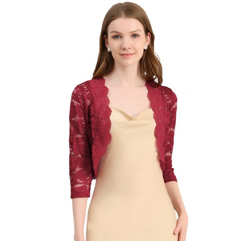 Allegra K Women s Elegant 3 4 Sleeve Sheer Floral Lace Open Front Crop Shrug Dark Red Large Target