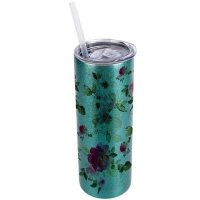 Elanze Designs Turquoise Blue 20 Ounce Double Wall Stainless Steel Glitter Travel Tumbler With Sliding Lid And Straw, Floral