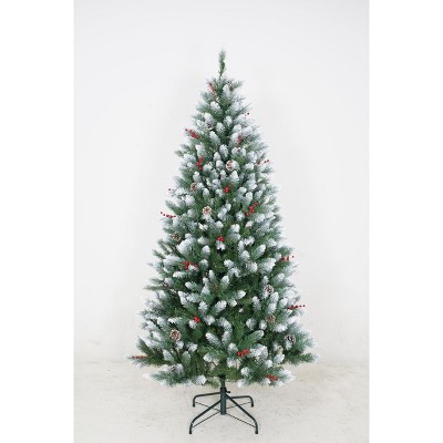 Artificial Christmas Tree, Premium Hinge Xmas Trees, Snow Flocked Christmas Tree with 275 Snow Effect Tips, Pine Cones, Holly Berries