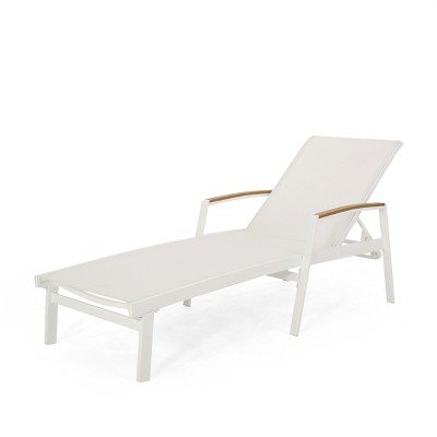 White Aluminum and Mesh Adjustable Outdoor Chaise Lounge Set with Arms