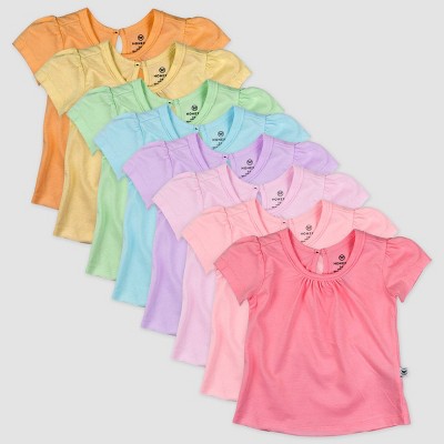 Image of Honest Baby Girls' 8pk Rainbow Organic Cotton Puff Sleeve T-Shirt - Yellow/Violet/Pink 6-9M: Knit Casual Pullover