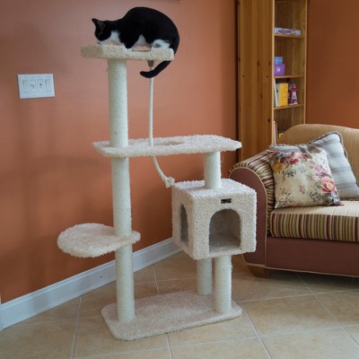 57" Beige Faux Fur and Sisal Cat Tree with Condo