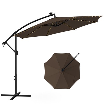 Tangkula 10FT Solar Offset Umbrella Tilted Cantilever Hanging Umbrella with 112 LED Lights Patio Sun Shade with Crank Handle Beige/Coffee/Navy/Wine