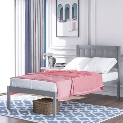 Twin Size Wood Platform Bed with Headboard, White/Gray, 4L -ModernLuxe