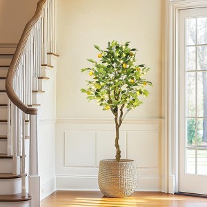 Artificial Lemon Tree, Pre-Potted Faux Tree with Realistic Fruit, Decorative Floor Plant for Home Office Indoor Decor, Green - 1 of 4
