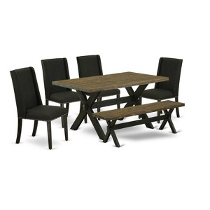 HomeStock 6-Pc Rectangle Distressed Jacobean Finish Solid Wood Top Dining Table with 1-Bench, 4-Chairs - 1 of 4