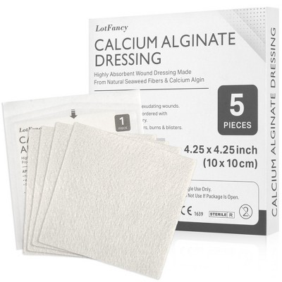 LotFancy Calcium Alginate Wound Dressing, 4"x 4" Patches, 5-Count, Sterile Non-Stick Padding