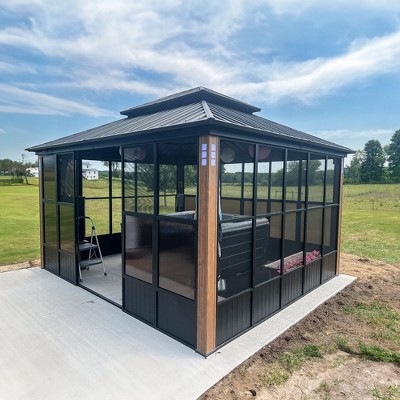 PURPLE LEAF Permanent Hardtop PC Frame Gazebo with Galvanized Steel Double Roof, Solarium Backyard Sunroom