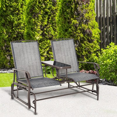 Twin Comfort Outdoor Glider Bench with Center Table, Brown and Gray