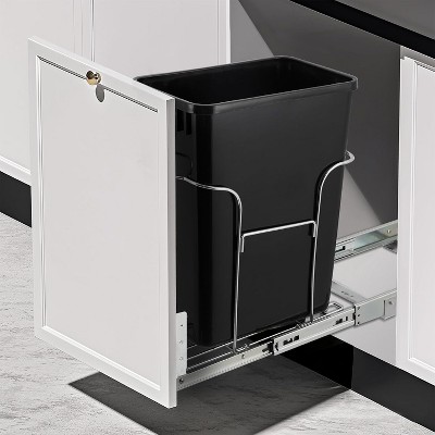 Under Cabinet Pull Out Trash Can Holder - Under Kitchen Sink Waste Container Slide Out Shelf for 35 Liter Recycling Bin, Heavy Duty Steel Frame,