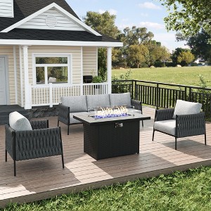 LayinSun 4 Piece Outdoor Furniture Set with Fire Pit Table, Modern Rope Woven Patio Conversation Sofa Set with Olefin - 1 of 4
