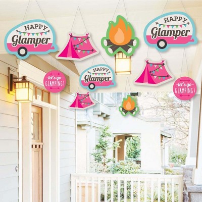 Big Dot of Happiness Hanging Let's Go Glamping - Outdoor Camp Glamp Party or Birthday Party Hanging Porch & Tree Yard Decorations - 10 Pieces