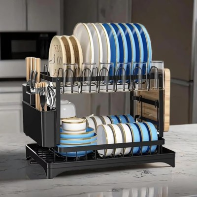 FONTOI 2-Tier Dish Racks for Kitchen, Dish Drying Rack with Drainboard, Dish Drainers with Utensil Holders, Black, 12"*11"*17"