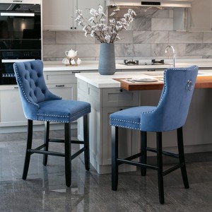 Contemporary Velvet Upholstered Barstools with Button Tufted Decoration and Wooden Legs, and Chrome Nailhead Trim,Bar stools, Set of 2 - 1 of 4