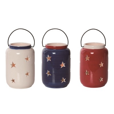 Transpac Ceramic 5.25" Red White and Blue 4th of July Patriotic Candle Holders Set of 3