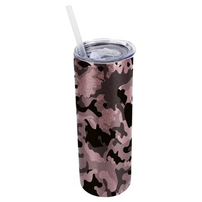 Elanze Designs Bubblegum Pink 20 Ounce Double Wall Stainless Steel Glitter Travel Tumbler With Sliding Lid And Straw, Camouflage